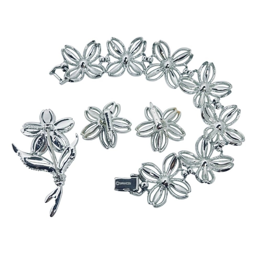 Sarah Cov Silver Tone W/Black Rhinestone Bracelet, Clip Earrings & Brooch (5689) - Picture 7 of 10